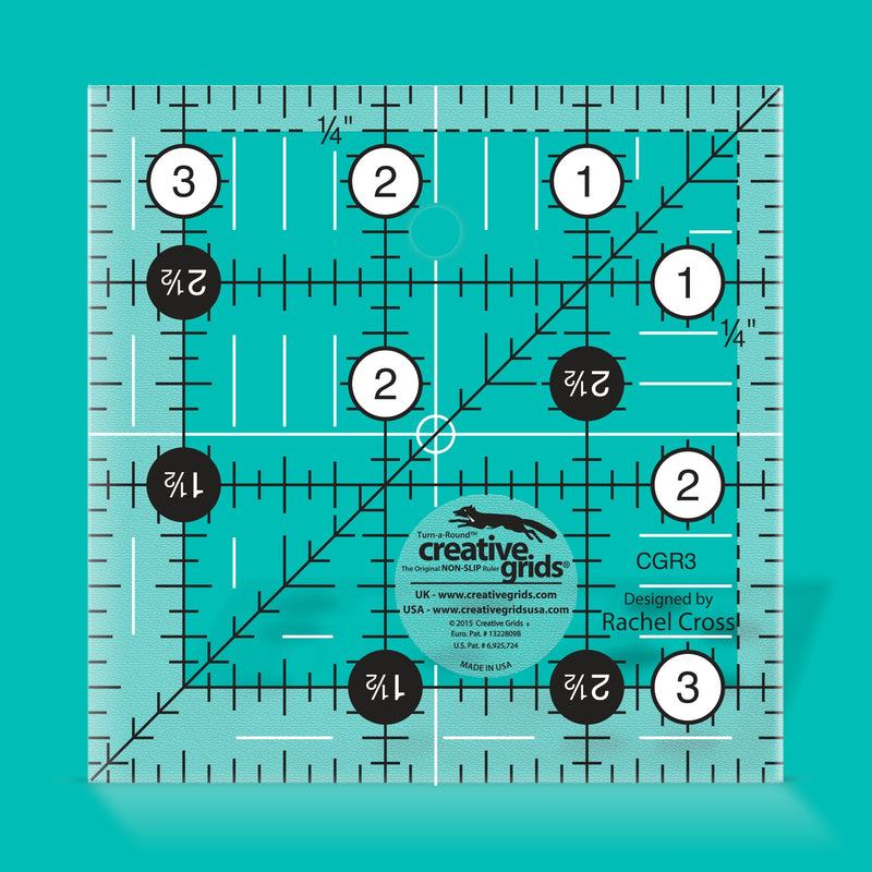 Creative Grids CGR3 three and a half inch square quilt ruler with non slip gripper ring markings.