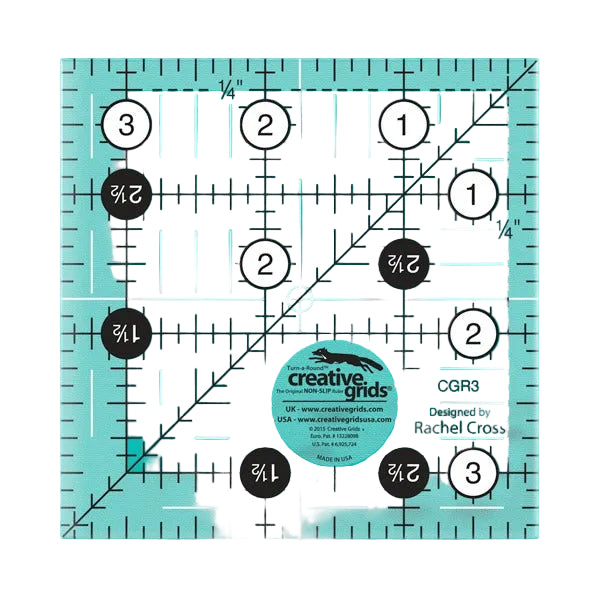Creative Grids CGR3 three and a half inch square quilt ruler with non slip gripper ring markings.