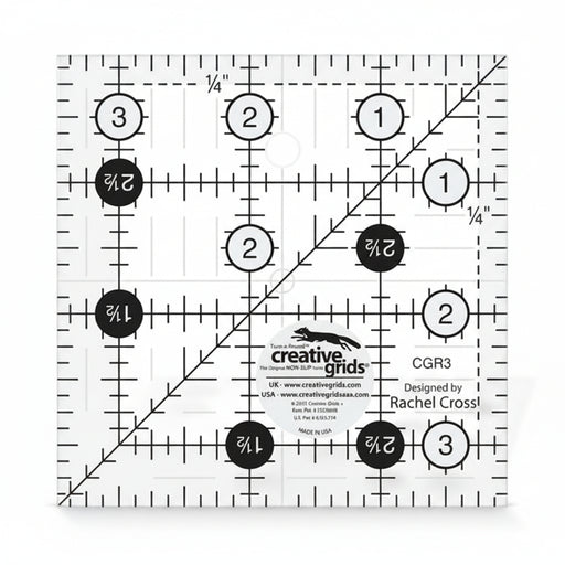 Creative Grids CGR3 three and a half inch square quilt ruler with non slip gripper ring markings.