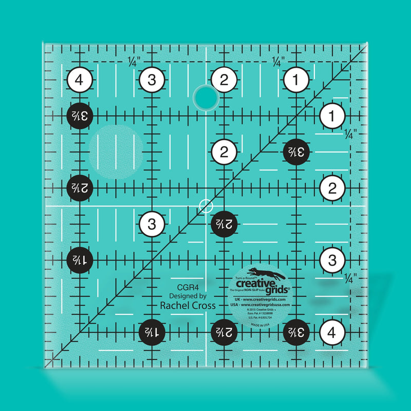 Creative Grids CGR4 four and a half inch square quilt ruler with non slip ring grips.