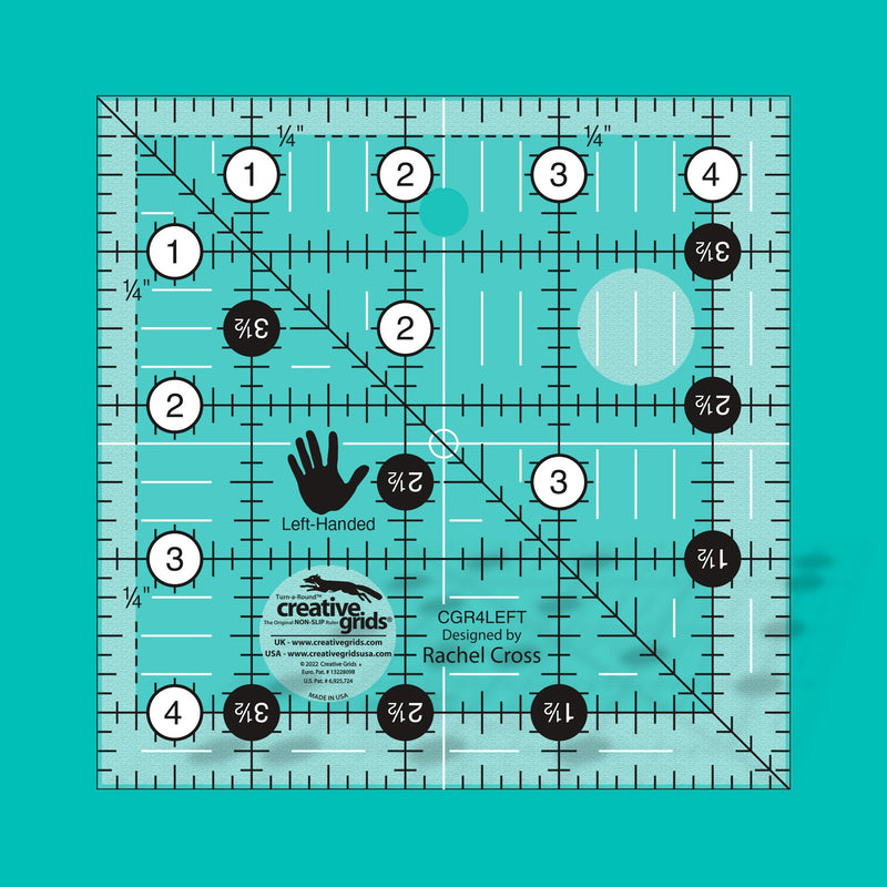 Creative Grids CGR4LEFT four and a half inch left handed square quilt ruler displaying right to left numbers.