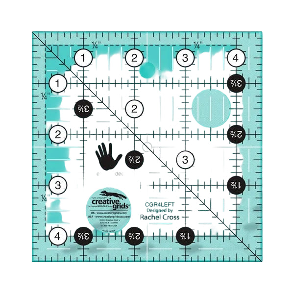 Creative Grids CGR4LEFT four and a half inch left handed square quilt ruler displaying right to left numbers.