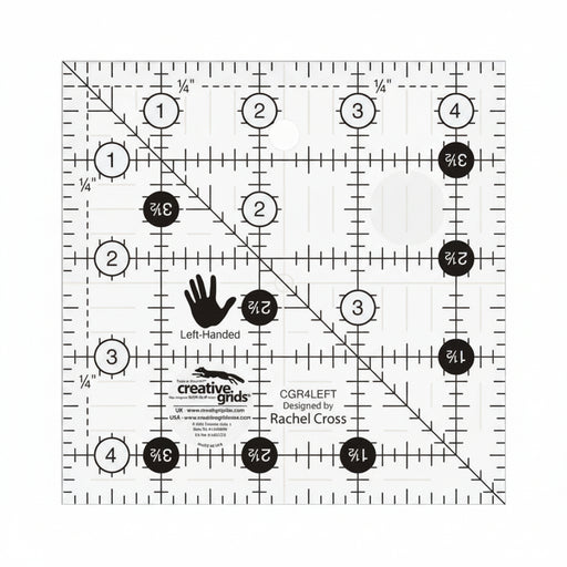 Creative Grids CGR4LEFT four and a half inch left handed square quilt ruler displaying right to left numbers.