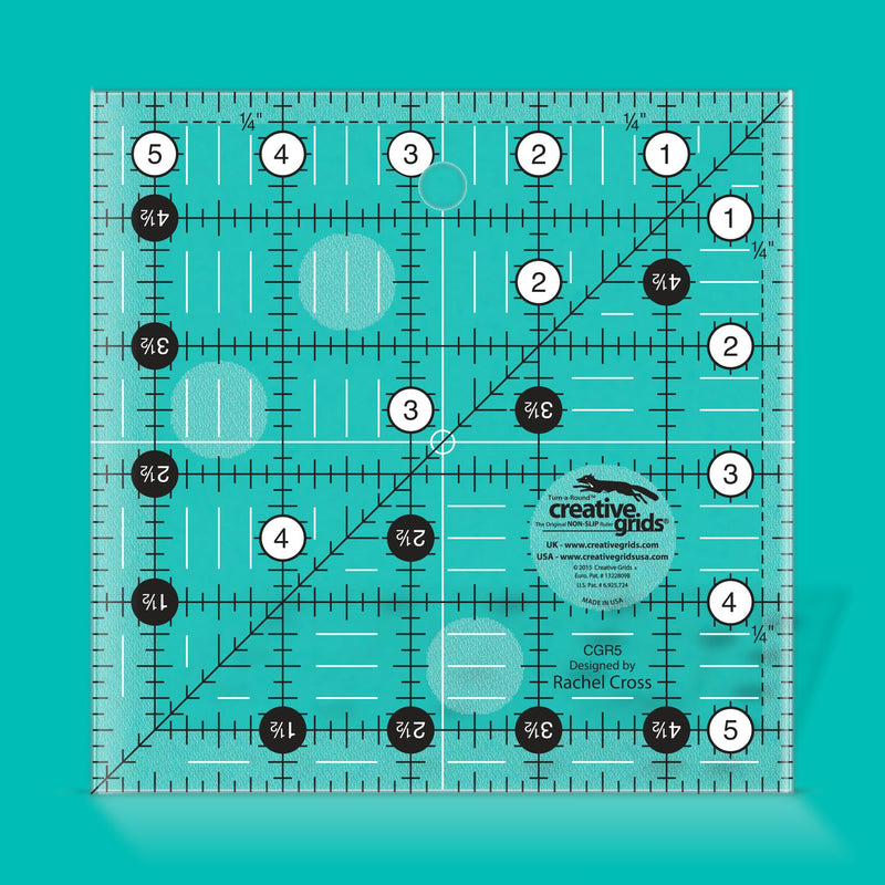 Creative Grids CGR5 five and a half inch square quilt ruler with non slip ring grips.