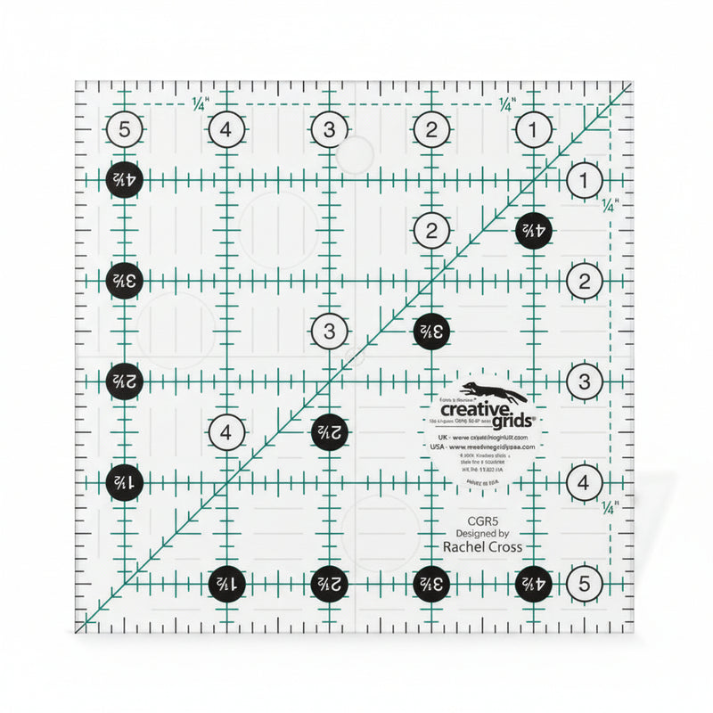 Creative Grids CGR5 five and a half inch square quilt ruler with non slip ring grips.
