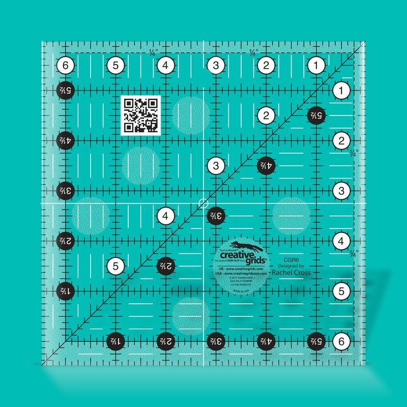 Creative Grids CGR6 six and a half inch square quilt ruler with non slip ring grips.