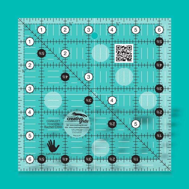 Creative Grids CGR6LEFT six and a half inch left handed square quilt ruler displaying right to left numbers.
