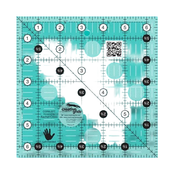 Creative Grids CGR6LEFT six and a half inch left handed square quilt ruler displaying right to left numbers.
