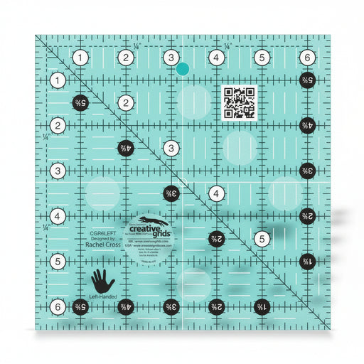 Creative Grids CGR6LEFT six and a half inch left handed square quilt ruler displaying right to left numbers.