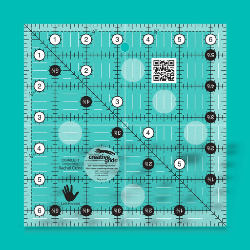 Creative Grids CGR6LEFT six and a half inch left handed square quilt ruler displaying right to left numbers.