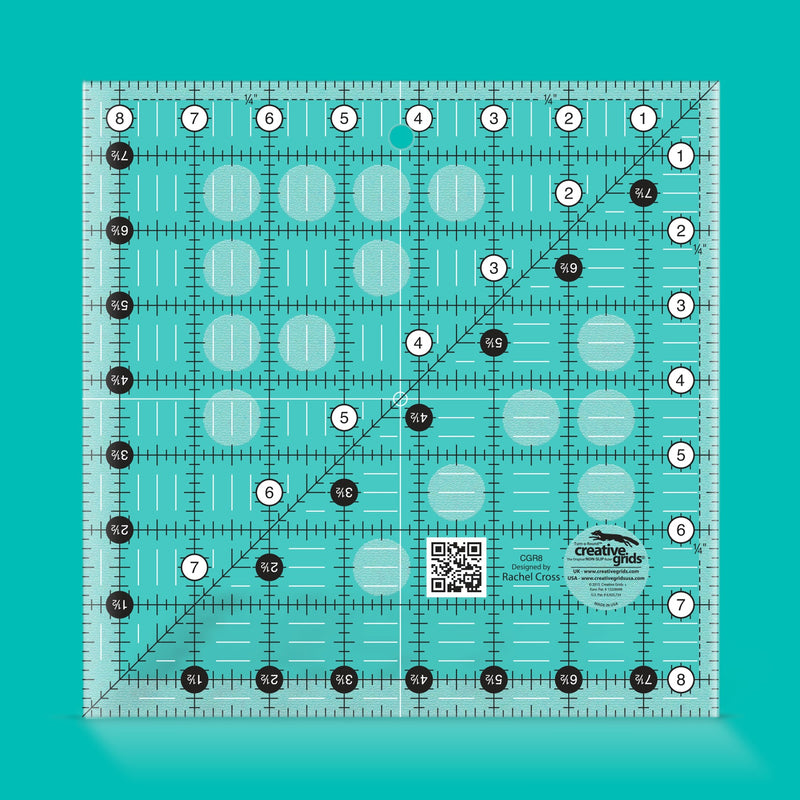 Creative Grids CGR8 eight and a half inch square quilt ruler with non slip ring grips.