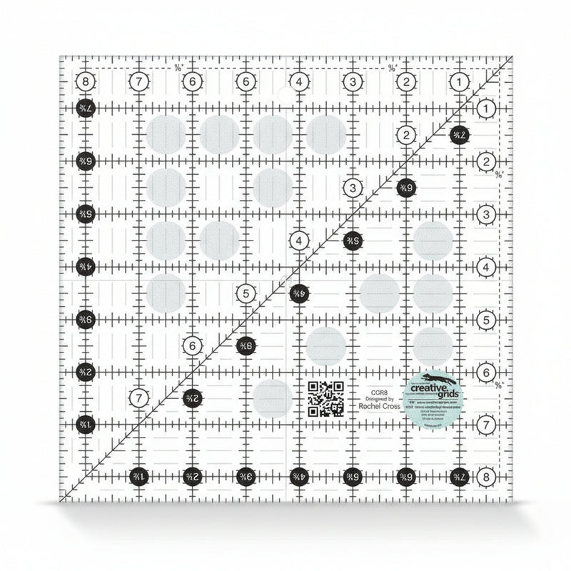 Creative Grids CGR8 eight and a half inch square quilt ruler with non slip ring grips.