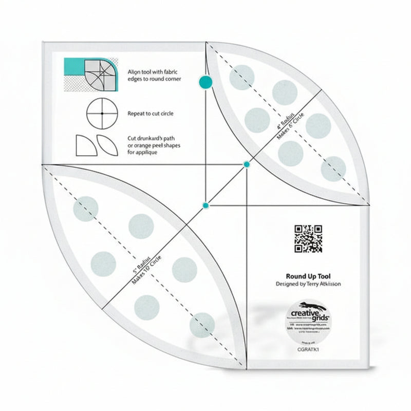 Creative Grids CGRATK1 round up tool quilt template displaying multi radius curved tracking lines and grid markings.