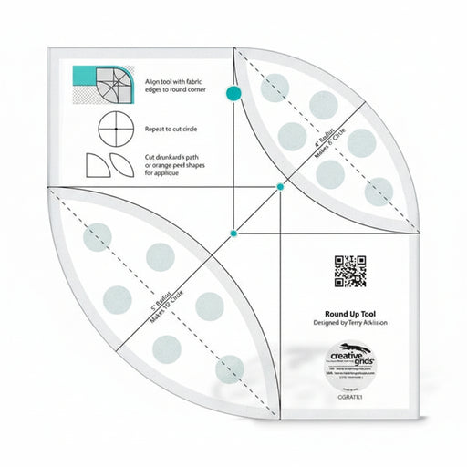 Creative Grids CGRATK1 round up tool quilt template displaying multi radius curved tracking lines and grid markings.
