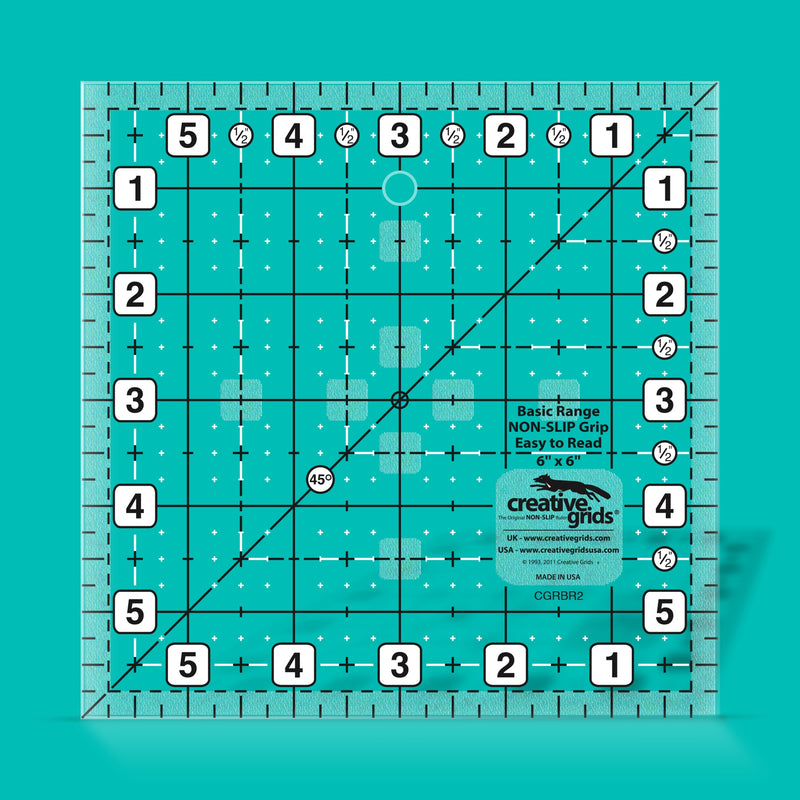 Creative Grids CGRBR2 six inch square basic range quilt ruler with non slip ring grips.