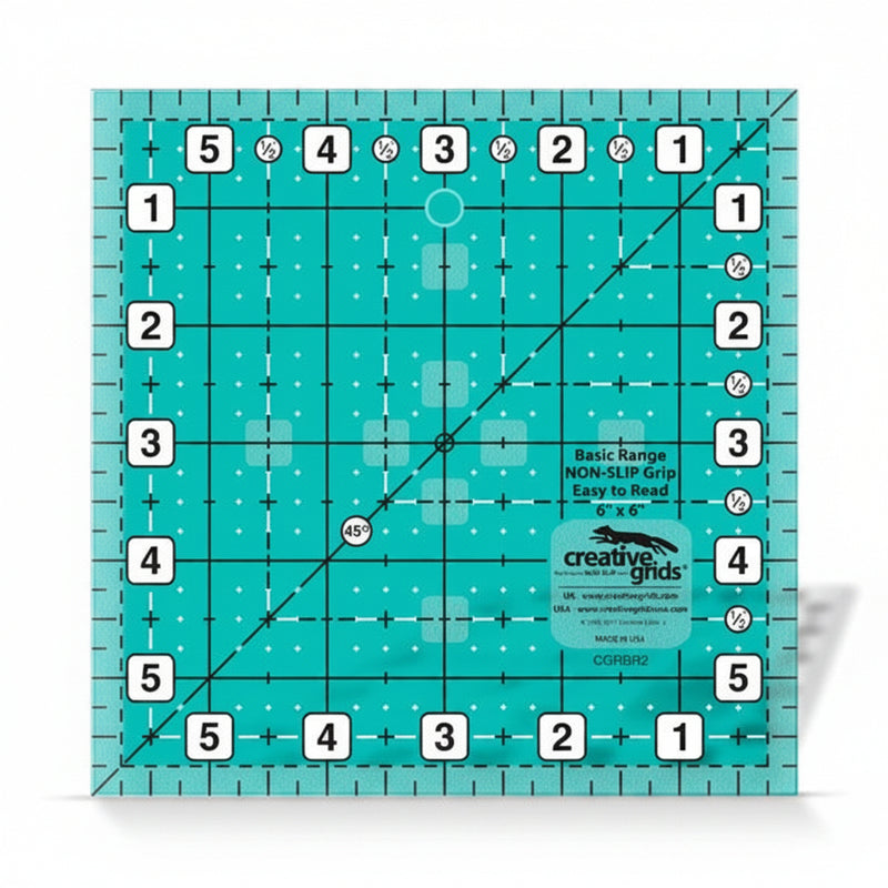 Creative Grids CGRBR2 six inch square basic range quilt ruler with non slip ring grips.