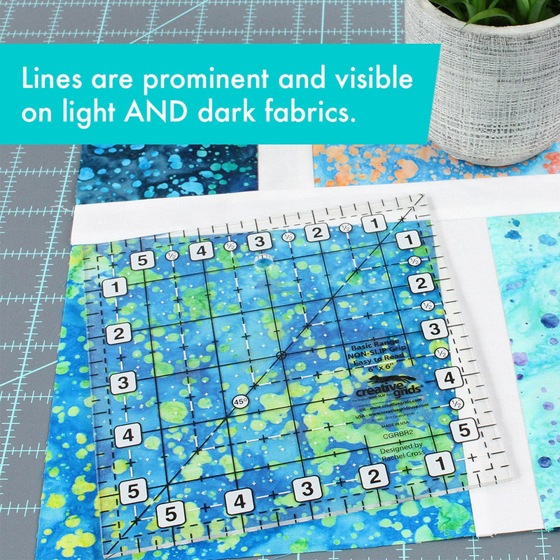 Creative Grids CGRBR2 six inch square basic range quilt ruler with non slip ring grips.
