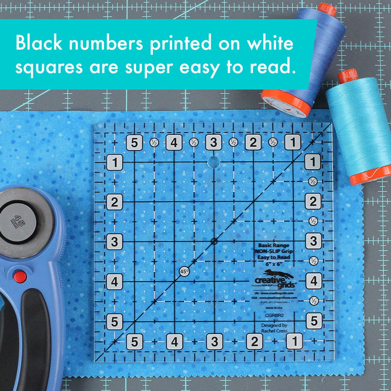 Creative Grids CGRBR2 six inch square basic range quilt ruler with non slip ring grips.