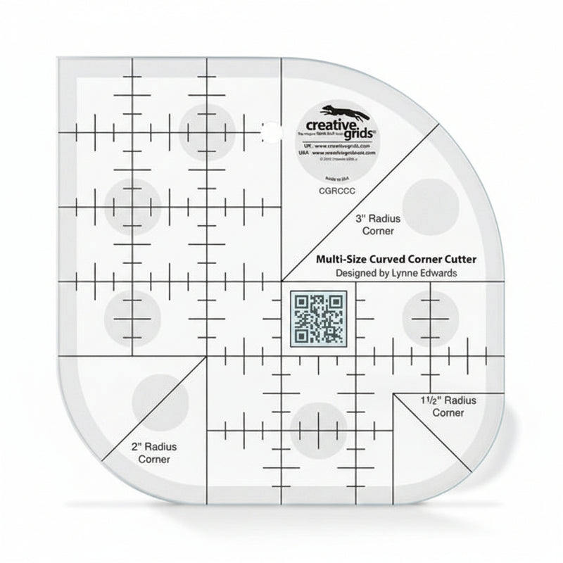 Creative Grids CGRCCC curved corner cutter quilt ruler displaying multi radius tracking arcs.
