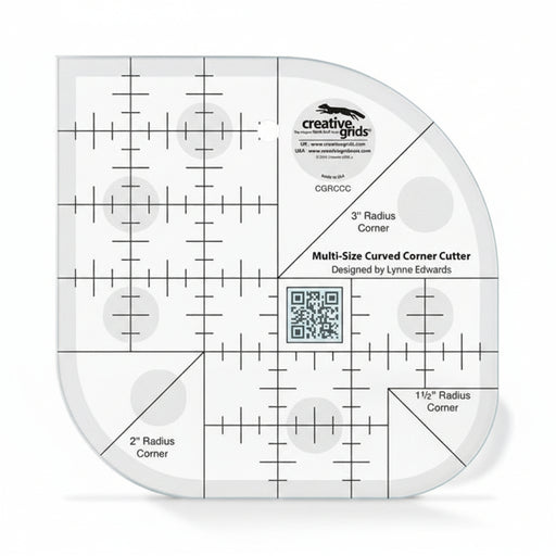 Creative Grids CGRCCC curved corner cutter quilt ruler displaying multi radius tracking arcs.