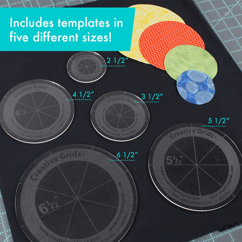 Creative Grids CGRCRCL circle ruler set showing five individual non slip acrylic discs nested together.