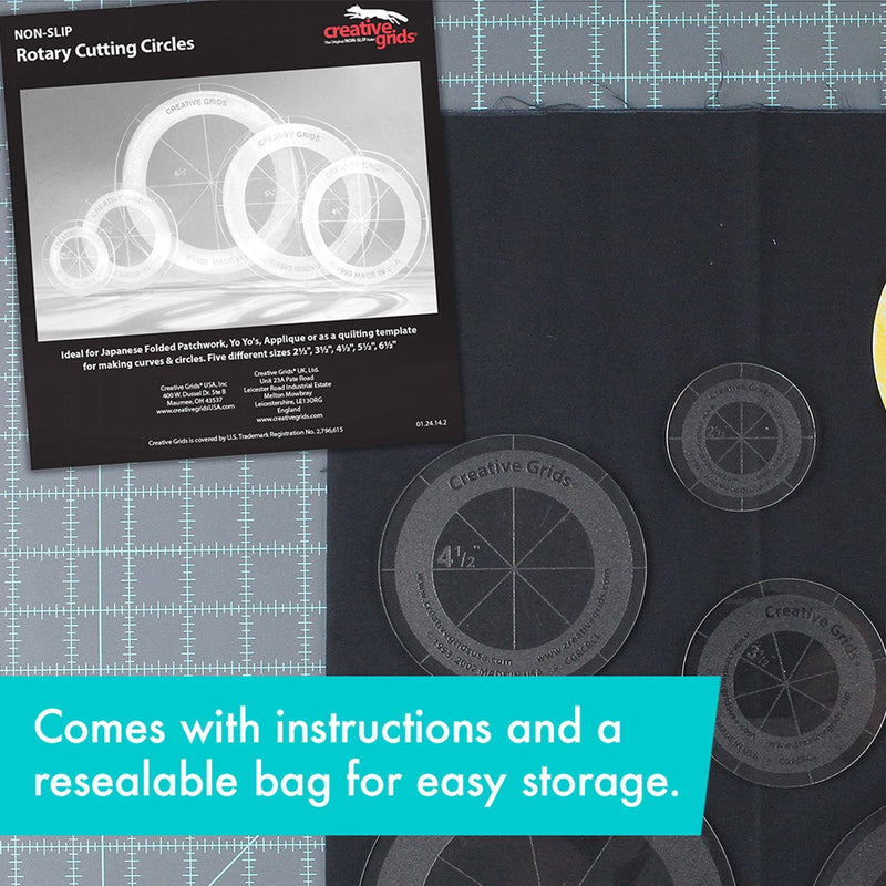 Creative Grids CGRCRCL circle ruler set showing five individual non slip acrylic discs nested together.