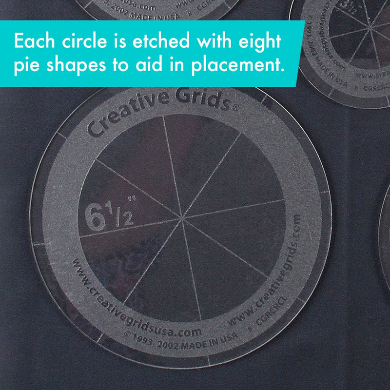 Creative Grids CGRCRCL circle ruler set showing five individual non slip acrylic discs nested together.