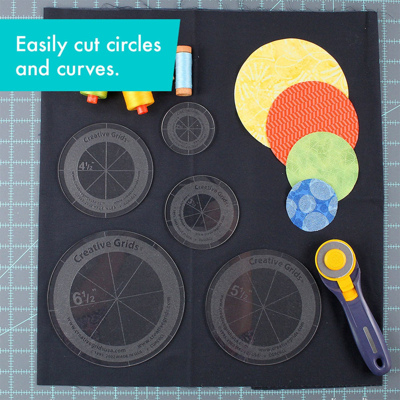 Creative Grids CGRCRCL circle ruler set showing five individual non slip acrylic discs nested together.