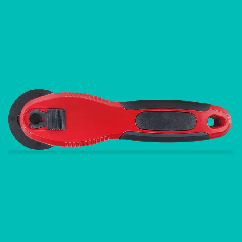 Creative Grids CGRCUT45 45mm ergonomic rotary cutter standing next to its black hard zippered EVA protective case.