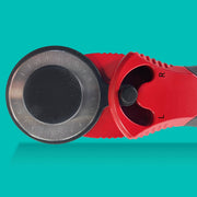 Creative Grids CGRCUT45 45mm ergonomic rotary cutter standing next to its black hard zippered EVA protective case.