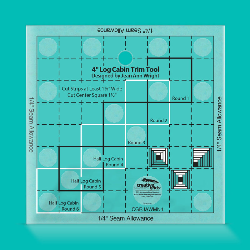Creative Grids 4-inch Mini Log Cabin Trim Tool CGRJAWMN4 acrylic quilt ruler on a white backdrop.