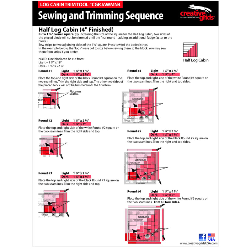Creative Grids 4-inch Mini Log Cabin Trim Tool CGRJAWMN4 acrylic quilt ruler on a white backdrop.