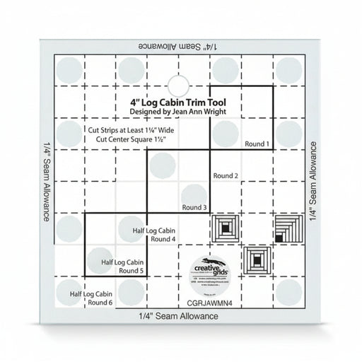 Creative Grids 4-inch Mini Log Cabin Trim Tool CGRJAWMN4 acrylic quilt ruler on a white backdrop.