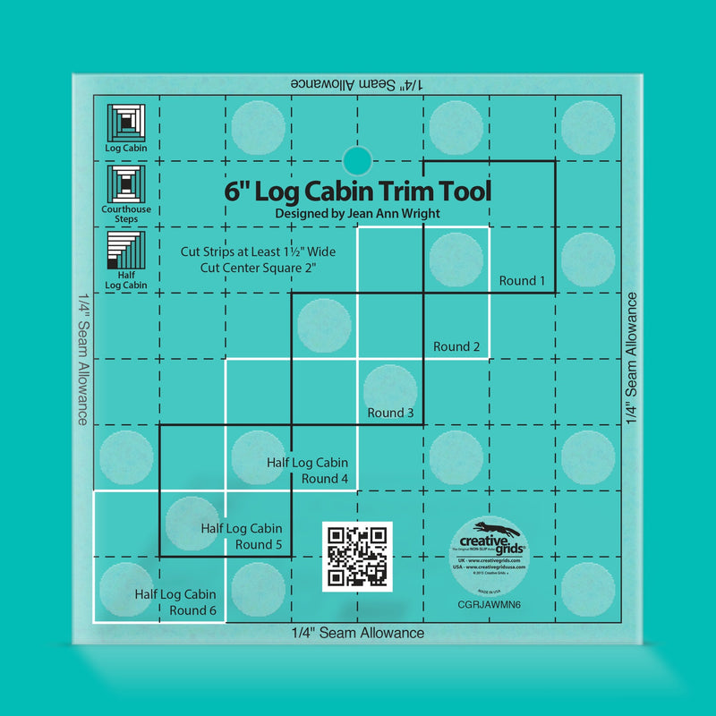 Creative Grids 6-inch Mini Log Cabin Trim Tool CGRJAWMN6 transparent acrylic quilting ruler on a solid white surface.
