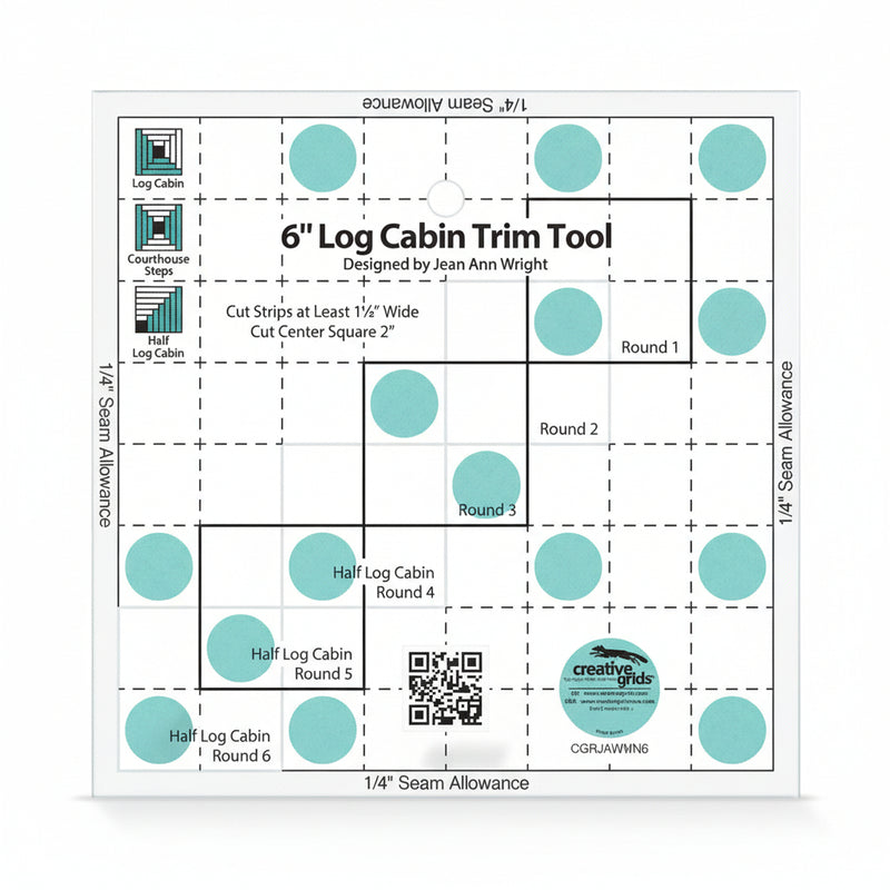 Creative Grids 6-inch Mini Log Cabin Trim Tool CGRJAWMN6 transparent acrylic quilting ruler on a solid white surface.