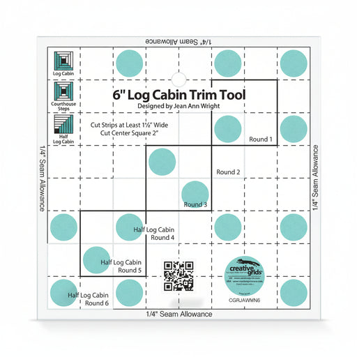 Creative Grids 6-inch Mini Log Cabin Trim Tool CGRJAWMN6 transparent acrylic quilting ruler on a solid white surface.