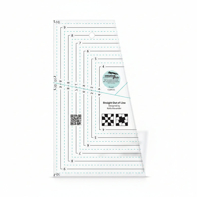 Creative Grids Straight Out of Line 6 inch by 10 inch acrylic quilt ruler CGRKA3 on a crisp white surface.