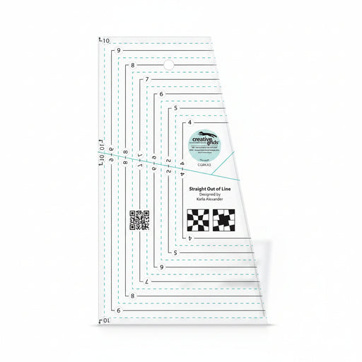 Creative Grids Straight Out of Line 6 inch by 10 inch acrylic quilt ruler CGRKA3 on a crisp white surface.