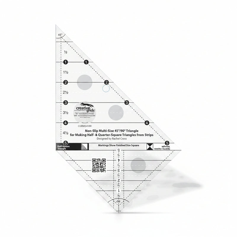 Close-up view of the Creative Grids multi-size 45 and 90 degree triangle quilting ruler showing black and white measurement markings.
