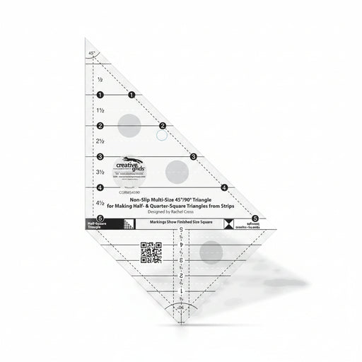 Close-up view of the Creative Grids multi-size 45 and 90 degree triangle quilting ruler showing black and white measurement markings.