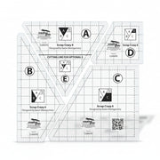 Creative Grids Scrap Crazy 6 acrylic quilt template pieces organized over colorful fabric pieces.