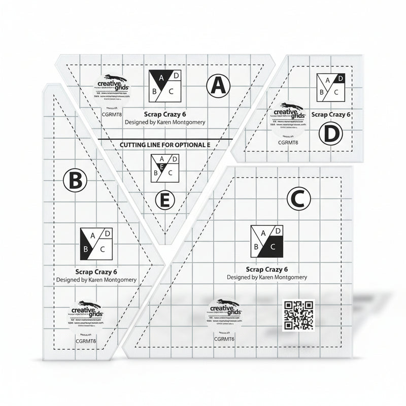 Creative Grids Scrap Crazy 6 acrylic quilt template pieces organized over colorful fabric pieces.