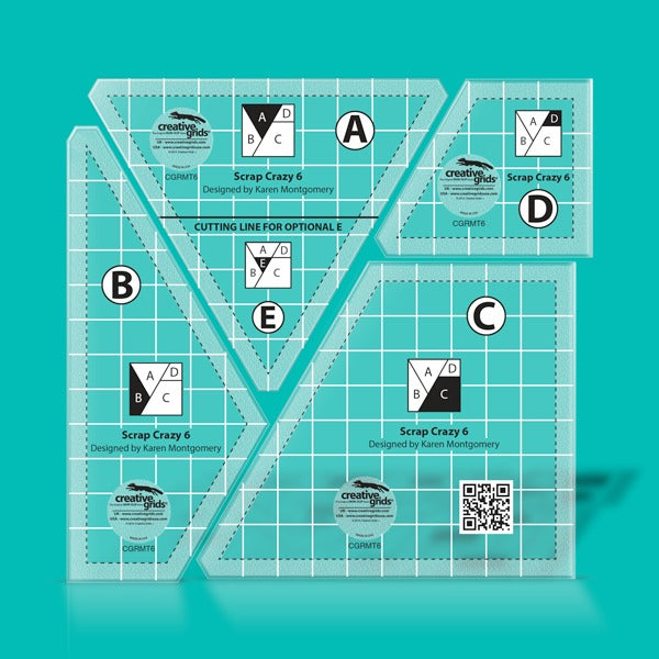 Creative Grids Scrap Crazy 6 acrylic quilt template pieces organized over colorful fabric pieces.