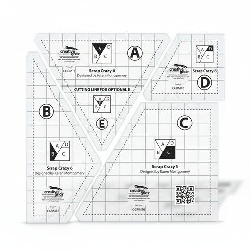 Creative Grids Scrap Crazy 6 acrylic quilt template pieces organized over colorful fabric pieces.