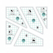 Creative Grids Crazier Eights five-piece acrylic quilt template collection displayed over assorted fabric scraps.