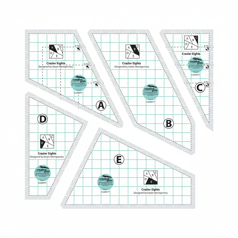 Creative Grids Crazier Eights five-piece acrylic quilt template collection displayed over assorted fabric scraps.