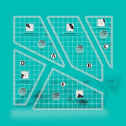 Creative Grids Crazier Eights five-piece acrylic quilt template collection displayed over assorted fabric scraps.
