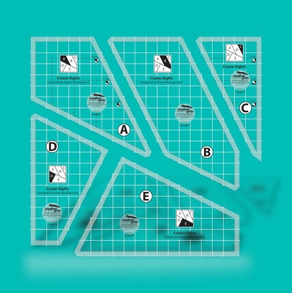 Creative Grids Crazier Eights five-piece acrylic quilt template collection displayed over assorted fabric scraps.