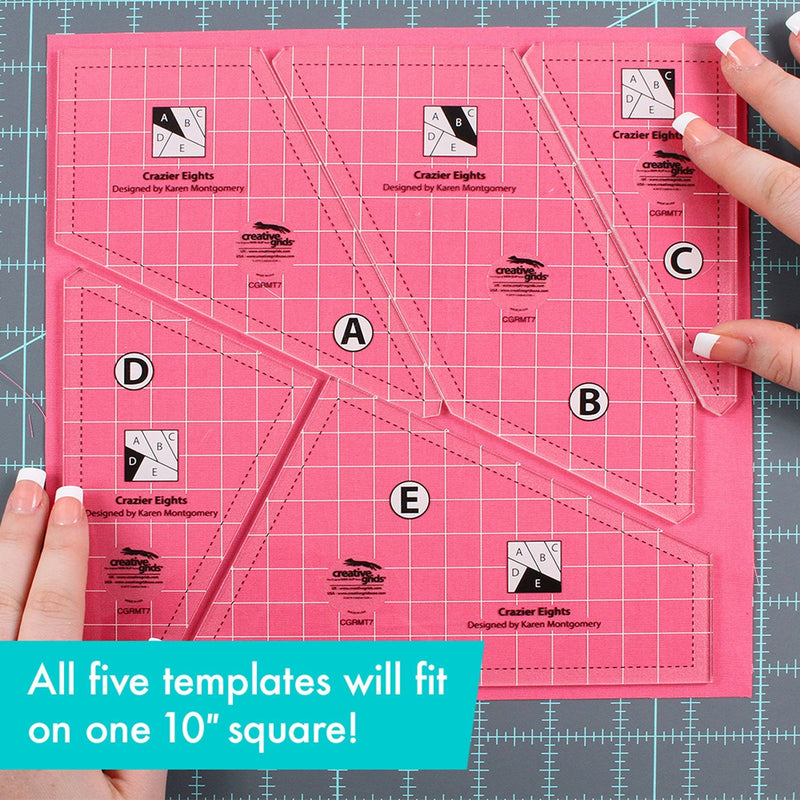 Creative Grids Crazier Eights five-piece acrylic quilt template collection displayed over assorted fabric scraps.