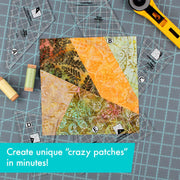 Creative Grids Crazier Eights five-piece acrylic quilt template collection displayed over assorted fabric scraps.